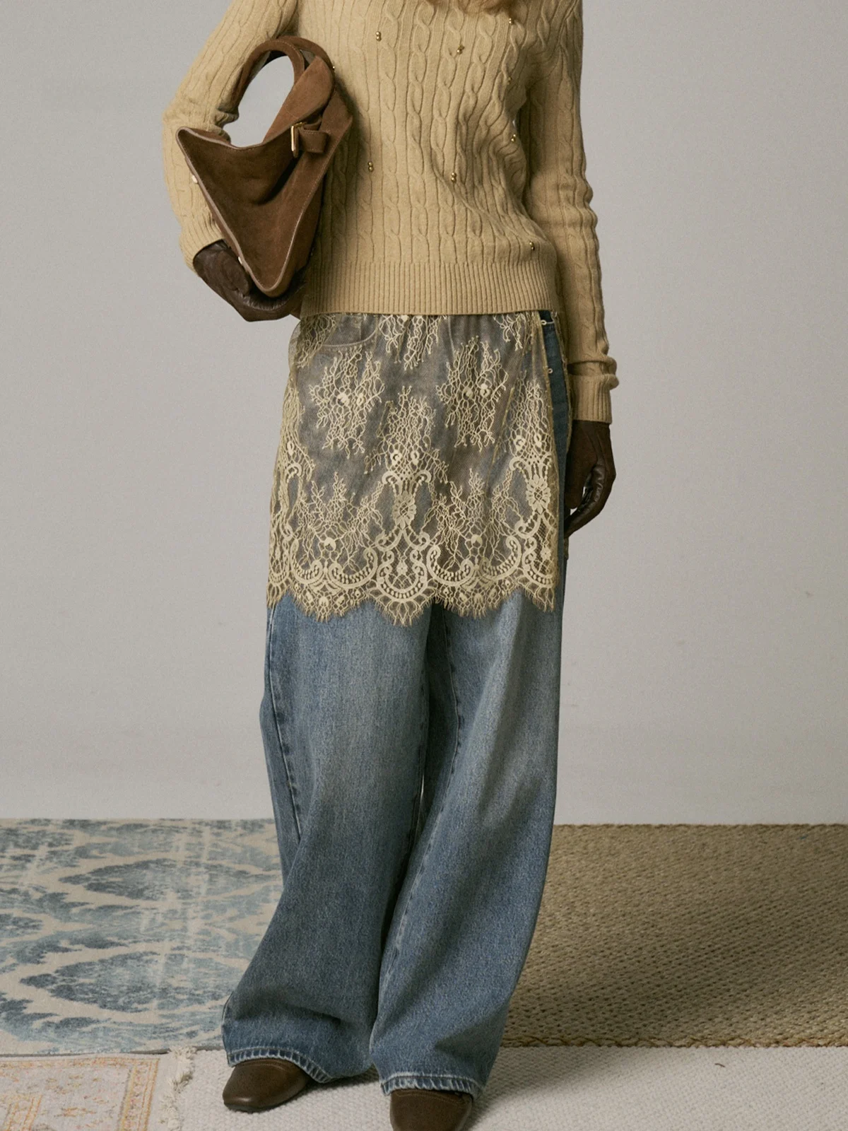 

Джинсы SOUAROUND с рюшами и кружевными вставками, широкие, прямого кроя, с высокой талией, из хлопка, с эффектом двухслойности