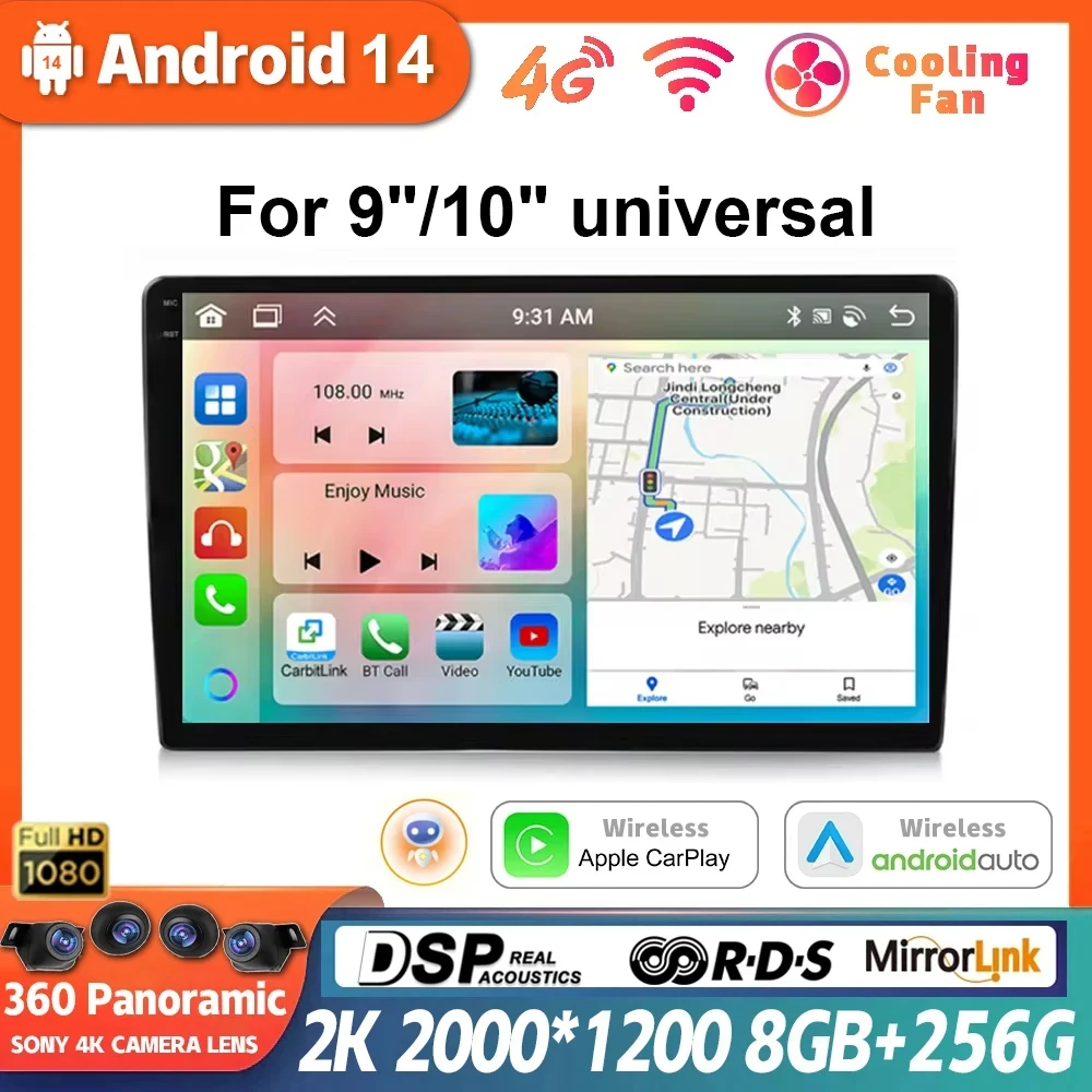 Android 14 Player Car Radio 9/10 Inch WiFi Wireless Carplay&Auto QLED Screen for Toyota Volkswagen Ford Hyundai Universal Stereo