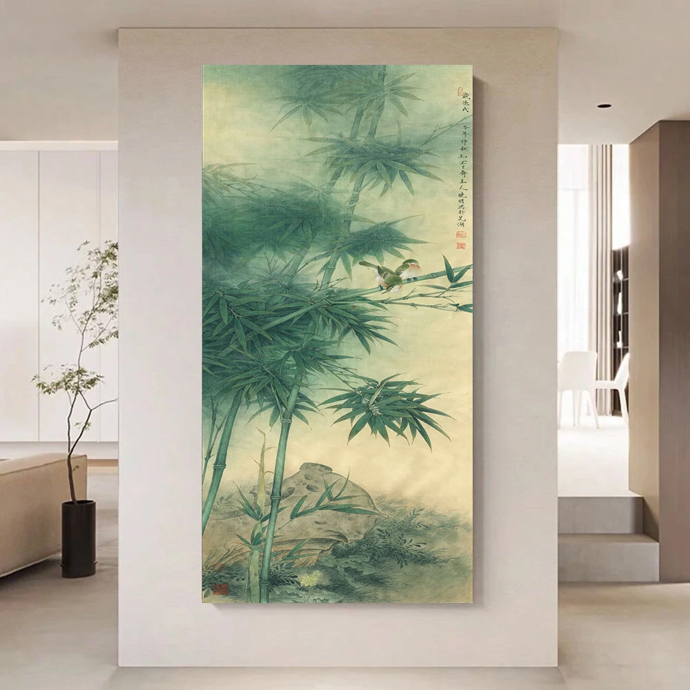 Chinese retro ink moonlight marble landscape phoenix tail bamboo canvas painting prints for living room home decoration,no frame