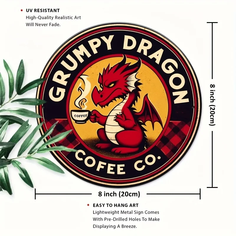 Room Decor 1pc8 x 8inch (20 x 20cm)Dragon Wall Decor Tin Sign and Coffee Wall Decor Tin Sign - Grumpy Dragon Coffee co. Serve Yo