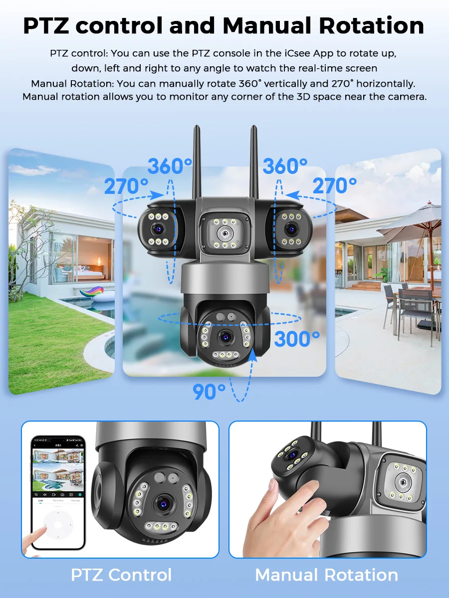 كاميرا ICsee اللاسلكية PTZ IP 8K 15MP 3-Lens 3-Screen 9MP 4K 2-Way Audio WiFi كاميرا مراقبة أمنية خارجية CCTV