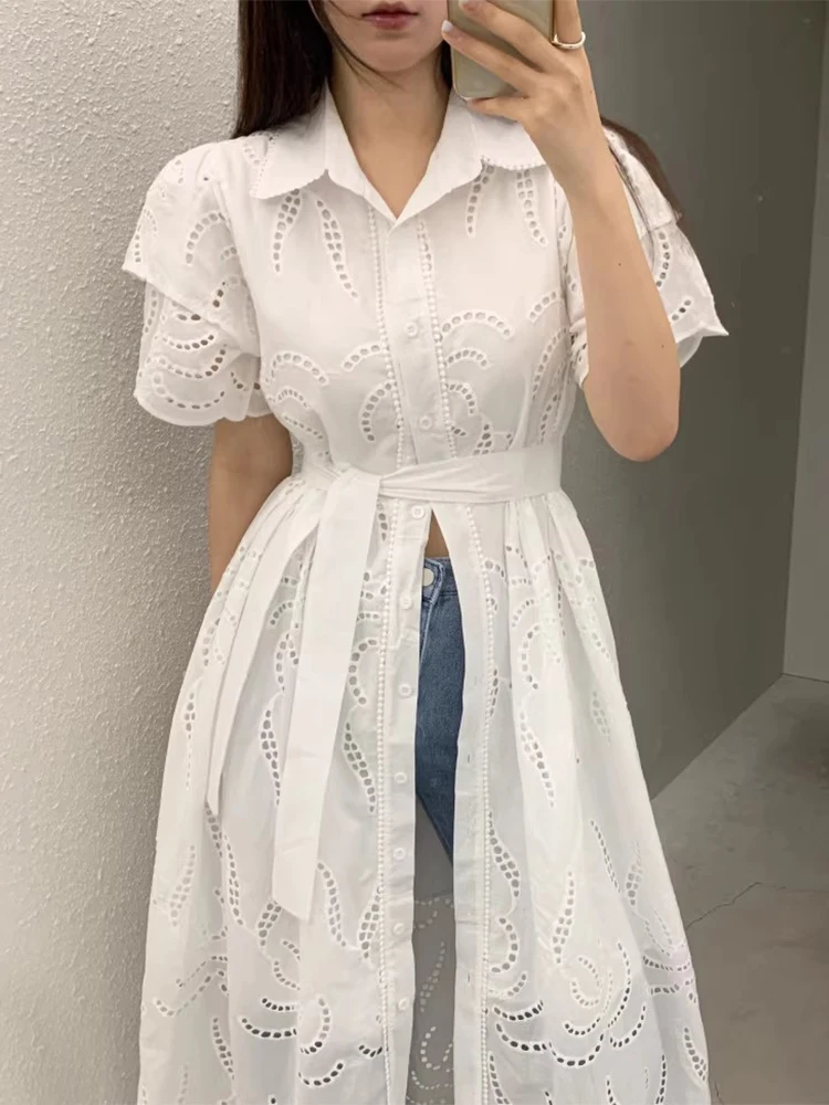 

SuperAen 2024 Korean Summer Lapel Single Breasted Hollowed Out Jacquard Lace Up Waist Ruffle Sleeve Dress