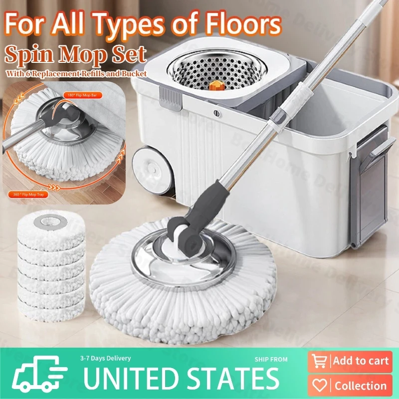 

Spin Mop and Bucket Wringer Set for Home 360 Spinning Mopping Floor Cleaning Tool with 6 Microfiber Replacement Head Refills