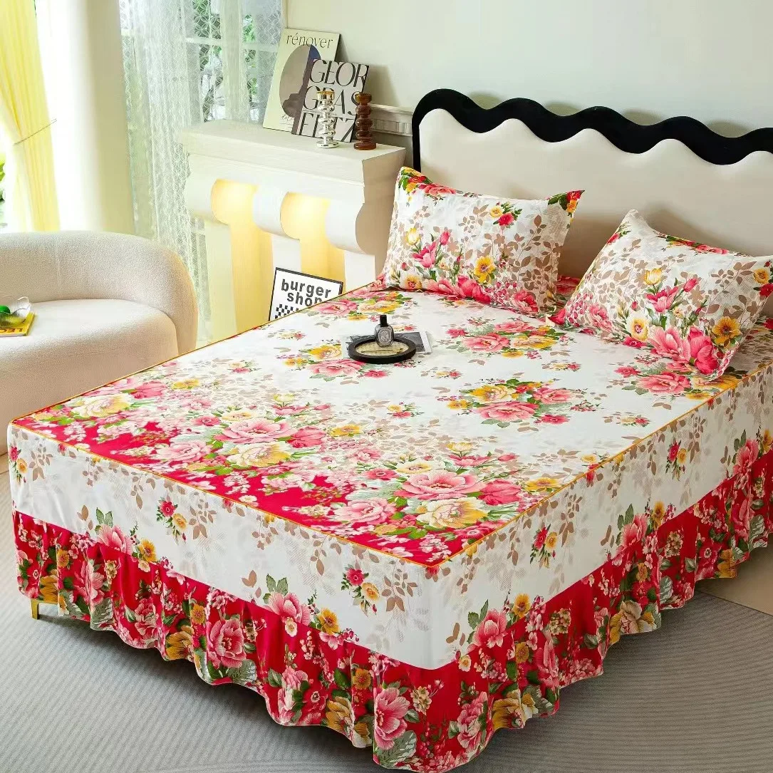 Cotton Bed Skirt Colcha De Cama Queen Plant Printed Bed Cover Single/Queen/King Size Bed Sheet Skirt with 2Pcs Pillow Covers