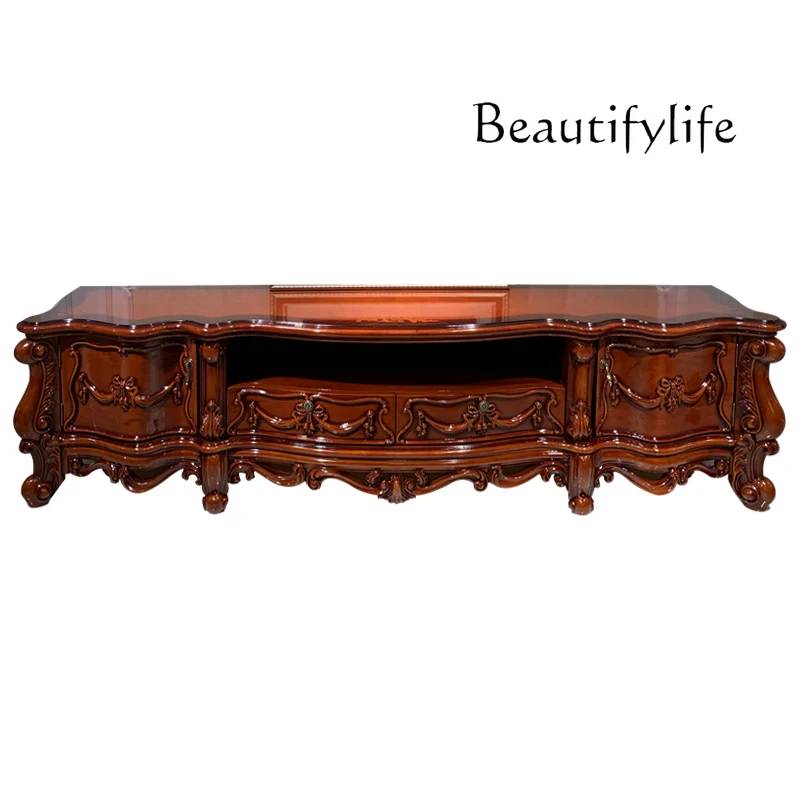 

European-style all-solid wood TV cabinet American living room luxury villa dark paint retro new whole house furniture