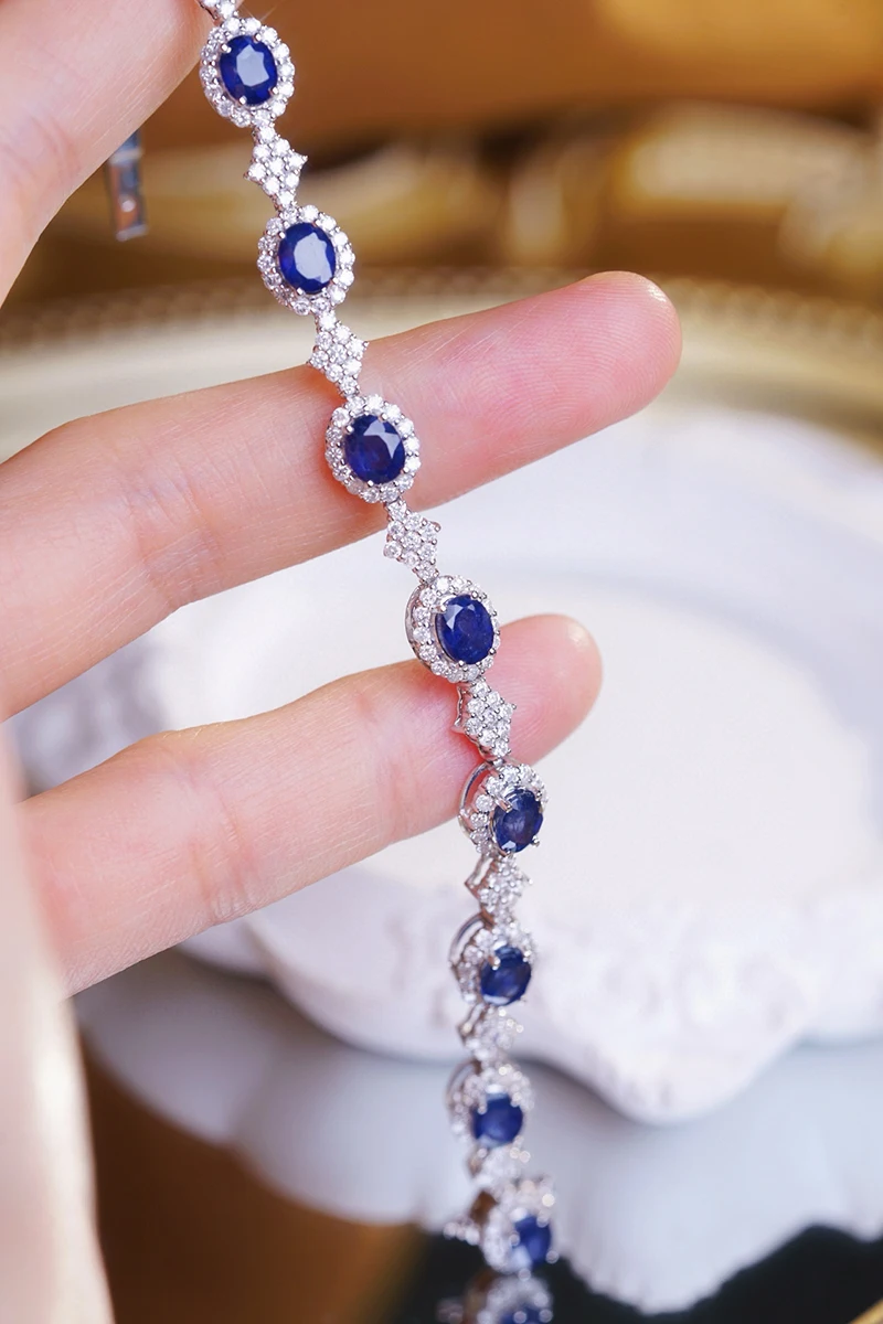 KUGG 100% 18K White Gold Bracelet Elegant Shiny Design Real Natural Diamond Natural Sapphire Bracelet for Women Senior Banquet