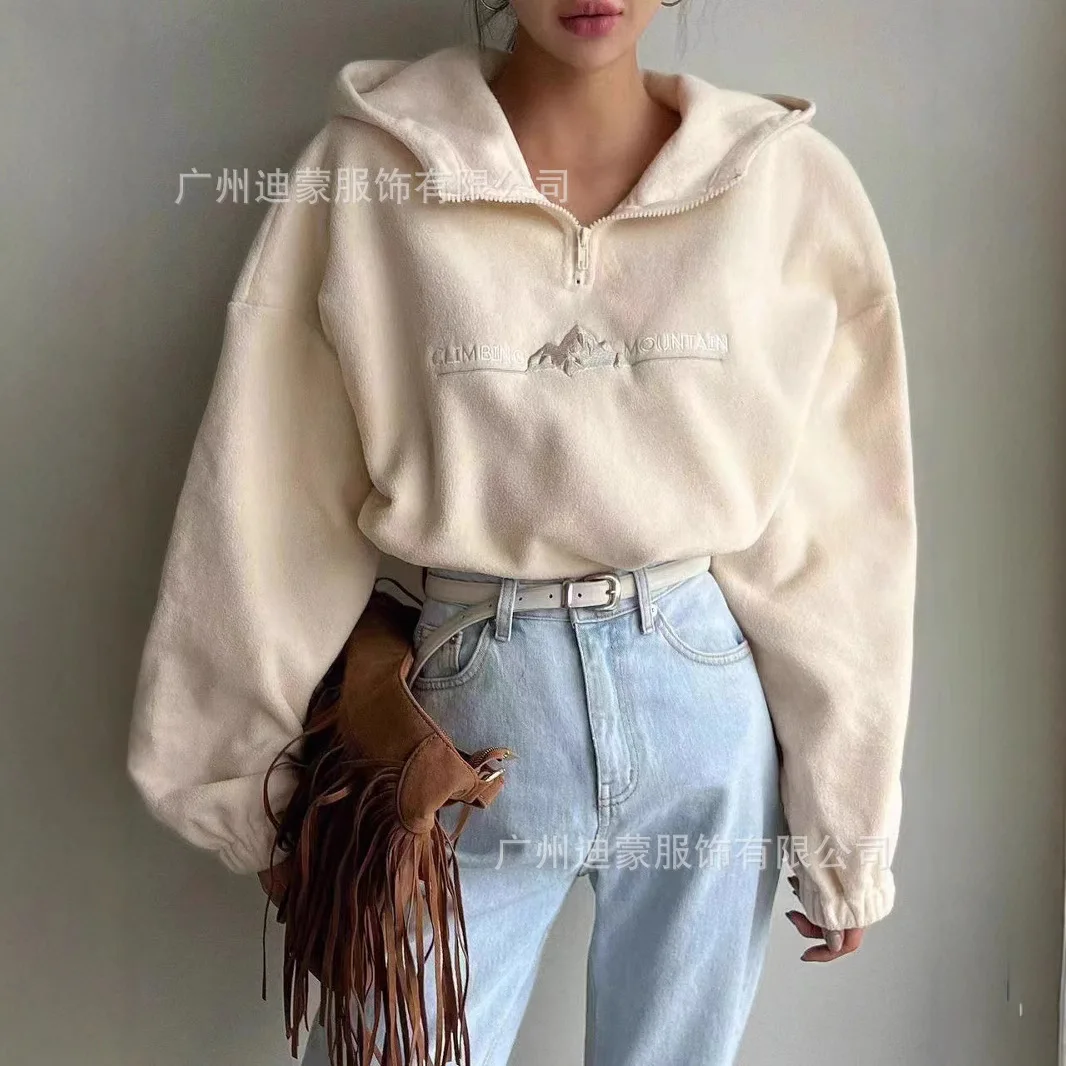 Autumn Winter Embroidered Street Basic Hoodies New Women's Hooded Sweatshirt Fashion Fleece Zipper Pullover Top  vintage clothes