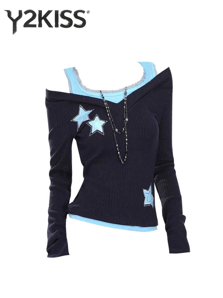 

Autumn Winter Women's Y2k Top Korean Fake Two Pieces Long Sleeve T-Shirts Design Tees 2000s Kpop High Street Gyaru Coquette New
