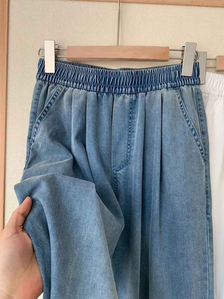 Jeans a gamba larga a vita alta da donna estivi sottili vestibilità ampia dimagranti drappeggiati gamba dritta pantaloni lunghi fino al pavimento