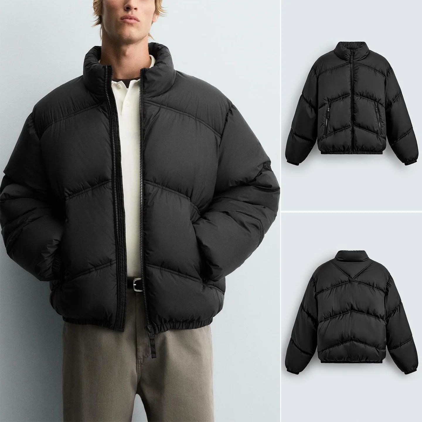 

New Autumn Men's Loose Fit Long Sve Cotton Jaet Technology Fabric Stand Collar Coat Youth Faion Stand Size