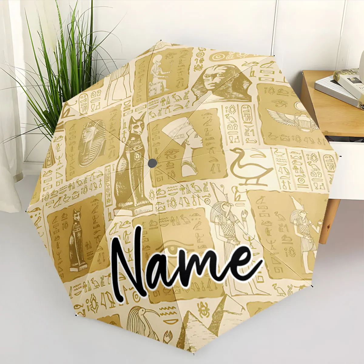 Custom Name Ancient Egyptian Design Umbrella for Unique Style Print 8 Iron Ribs Folding Umbrella Auto-Open Fashion Sunshade