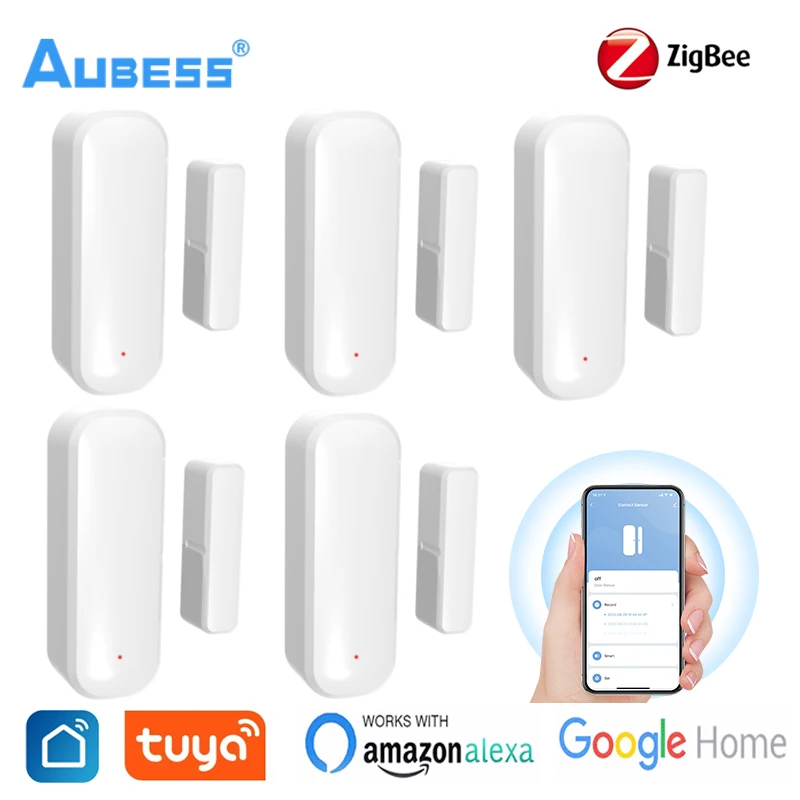 Aubess-Sensor inteligente de puerta Tuya Zigbee, dispositivo con WiFi, alarma magnética independiente, funciona con Alexa y Google Home