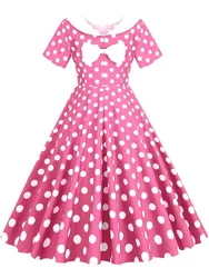 Vintage Polka Dot Print Midi Dress Women Summer Elegant Short Sleeve Bow Party A-Line Dress