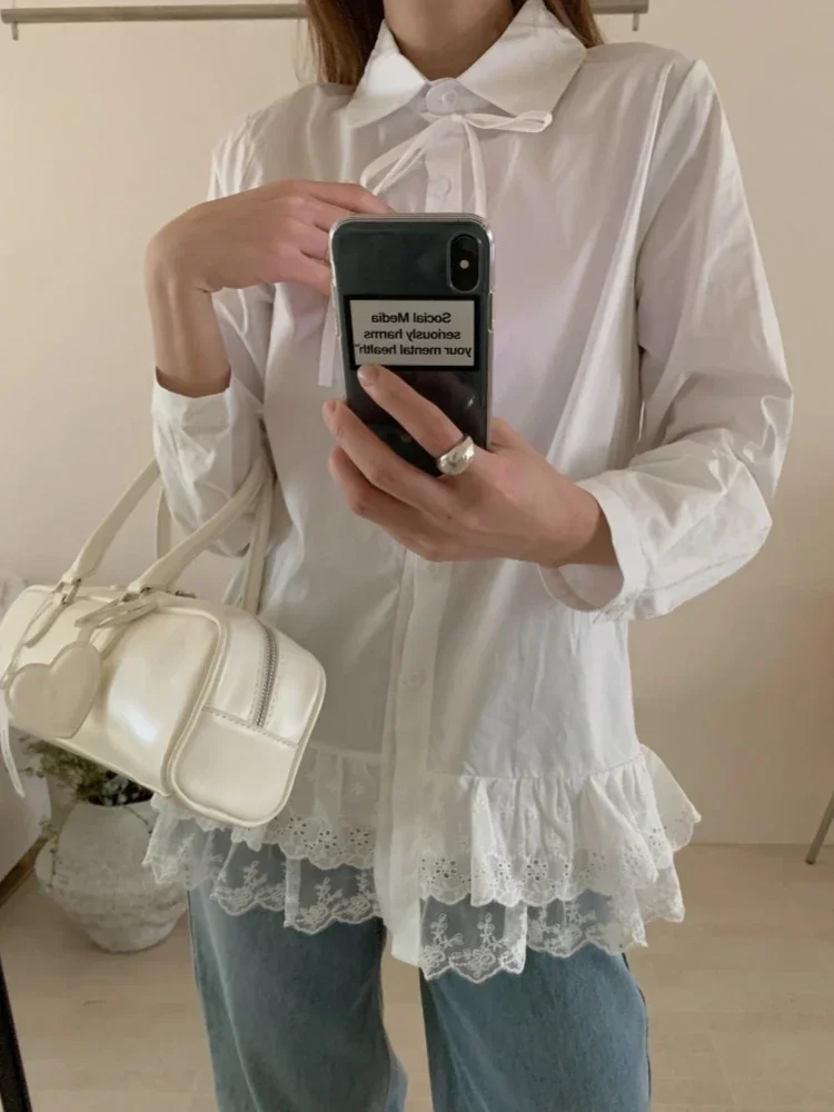 

HOUZHOU Sweet Vintage Streetwear Blouses Women Korean Style Fashion Casual Lace Patchwork Bow Bandage Solid Loose Shirts 2025