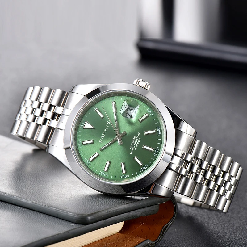 2024 Luxury Brand Parnis 39.5mm Green Dial Automatic Mechanical Men Watches Calendar Sapphire Crystal Watch For Men reloj hombre