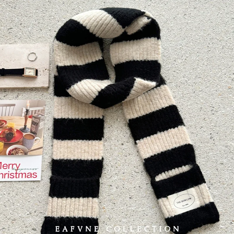 

Черно-белый полосатый плюшевый маленький шарф, женский корейский вариант, универсальный, утолщенный, теплый и морозостойкий, тонкий и узкий