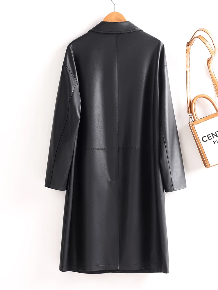   Manteau en cuir véritable Ning pour femme, mi-long, coupe ample, amincissant, en peau de mouton, coupe-vent, décontracté, vintage, personnalisé, en cuir ov...