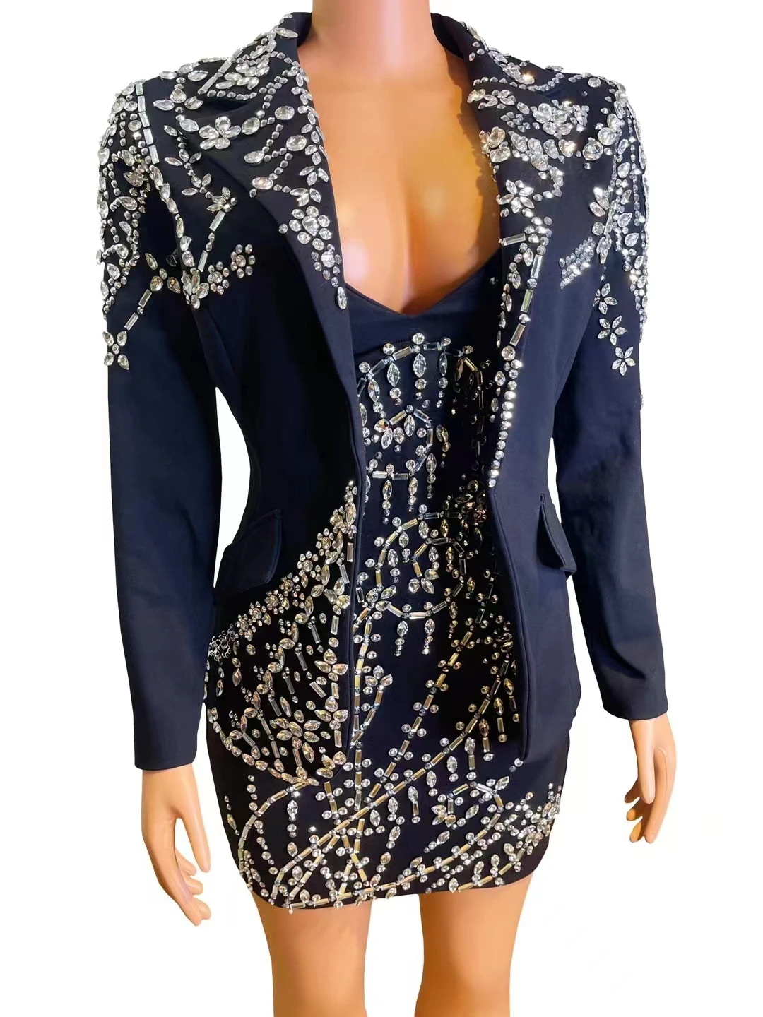 

Silver Crystals Black Jacket Short Dress EveningDance Blazer Outfit Set Birthday CelebratePerformance Costume tengchong A448