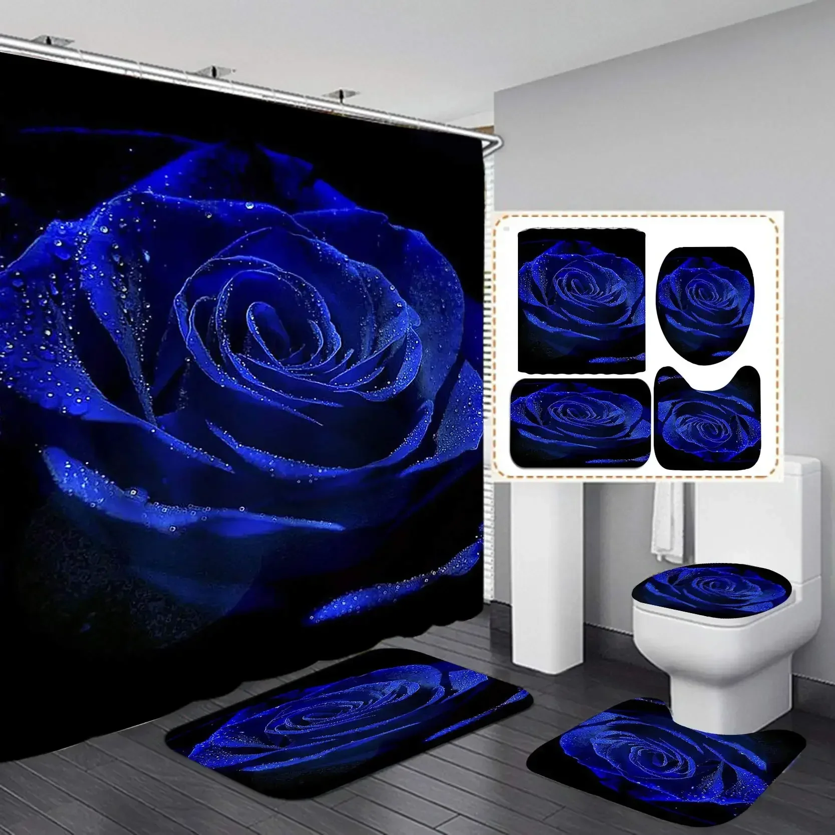 Blue Rose Flowers Waterproof Bathroom Shower Curtain Set Polyester Toilet Seat Cover Bath NonSlip Mat Rug Carpet Home Decor