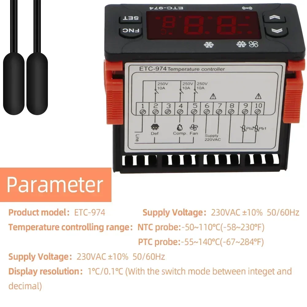 Thermostat Temperature Controller ETC-974 Humidity Control Thermometer Hygrometer Refrigeration Alarm 220V NTC Sensor