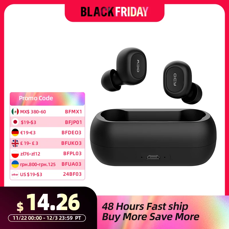 QCY T1C Bluetooth 5.0 Earphones Wireless 3D Stereo TWS Headphones with Dual Microphones Headset HD Call Earbuds Customizing APP