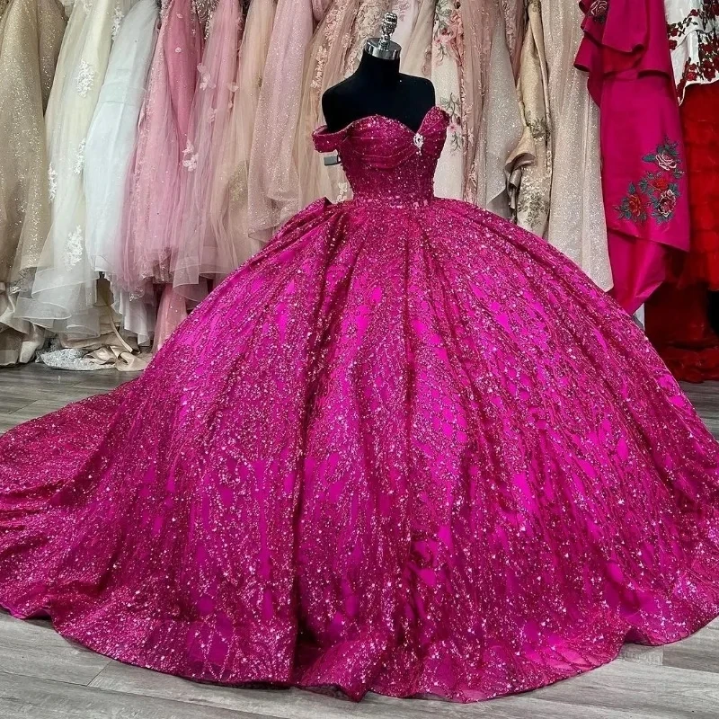 

Gorgeous Rose Red Ball Gown Quinceanera Dresses Sequined Off The Shoulder Beaded Crystal Prom Gowns Sweep Train Tulle Sweet 15