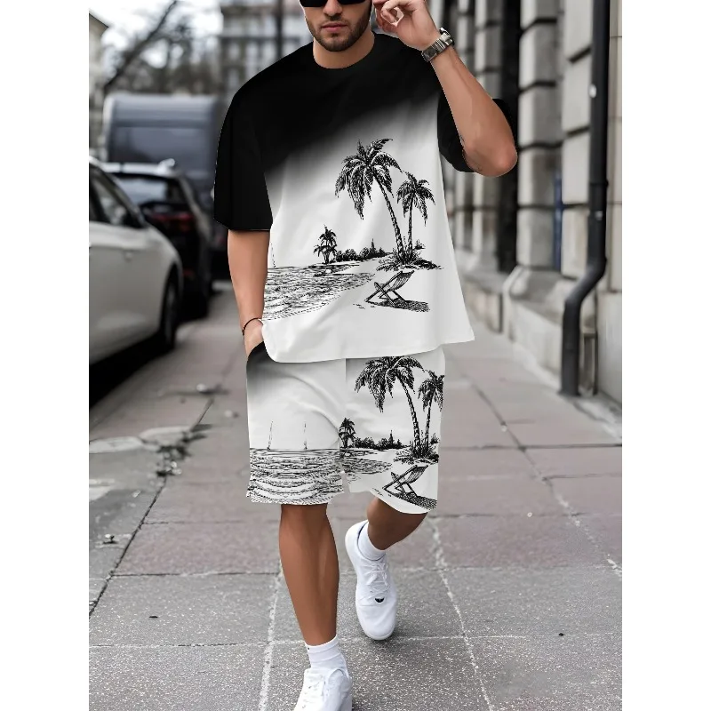 2025 Summer Men's 3D Printed Short Sleeved T-shirt and Shorts Set Casual Outdoor Sports Resort Set Breathable