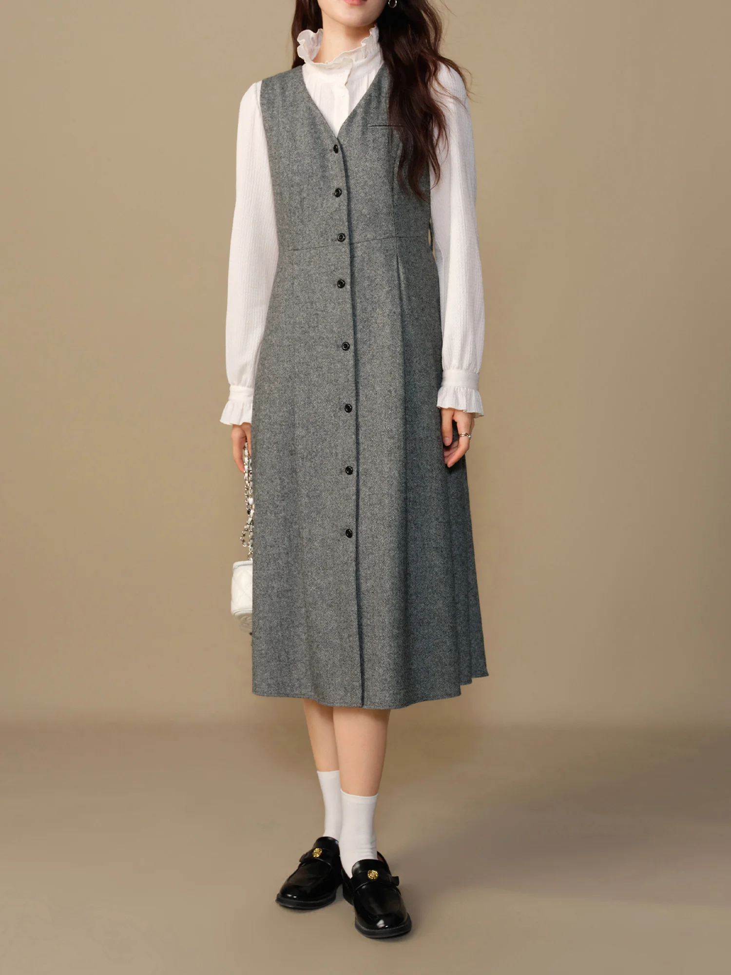 DUSHU 31.1% Wool Women Sleeveless Dress V-Neck Single Breasted Female Winter Long X-LINE Dresses Grey Commuter Dress 24DS84315