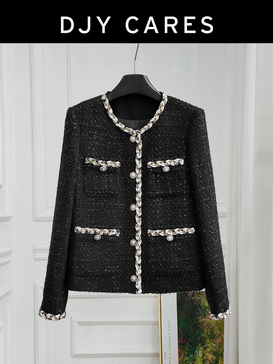 

New Coarse tweed high-end black heavy trim jacket, socialite top big size