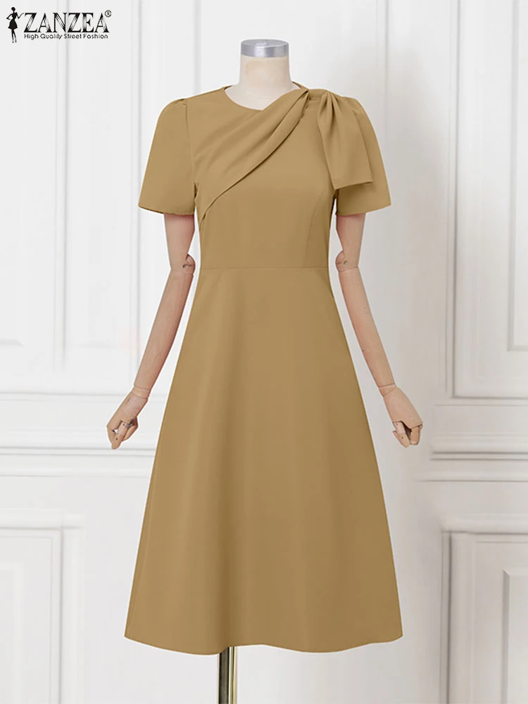 

Elegant Short Sleeve Dress Women Fashion Work Mid-Calf Sundress A-Line Swing Vestidos Solid High Waist Robe Femme 2025 ZANZEA