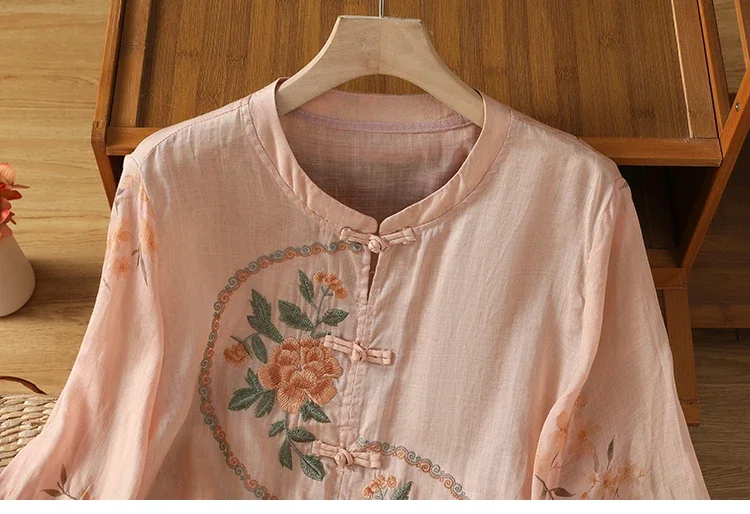 Chemisier de Style chinois pour femmes, chemises Vintage brodées, mode, vêtements d'été amples, manches courtes, en coton et lin, hauts pour femmes