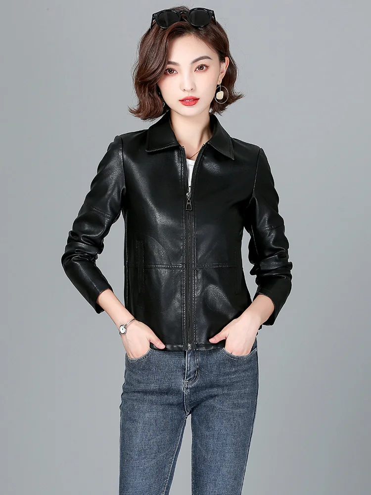 New Women Sheepskin Jacket Spring Autumn 2024 Fashion Casual Long Sleeve Short Zipper Leather Coat Loose Split Leather Outerwear