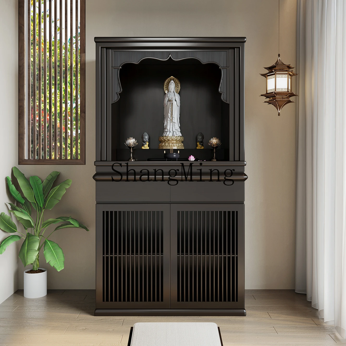 

DSA Buddhist niche New Chinese vertical cabinet Household hidden door Carved Bodhisattva Guanyin God of Wealth shrine