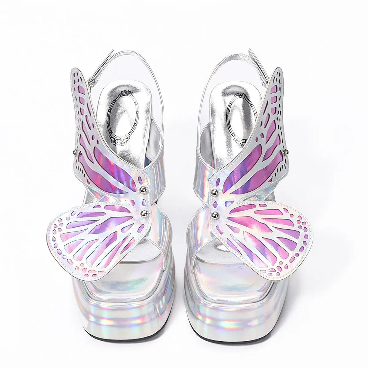 

Chic Holographic Butterfly - Wing Platform Sandals | Shiny & Eye - Catching, Perfect for Party Looks
