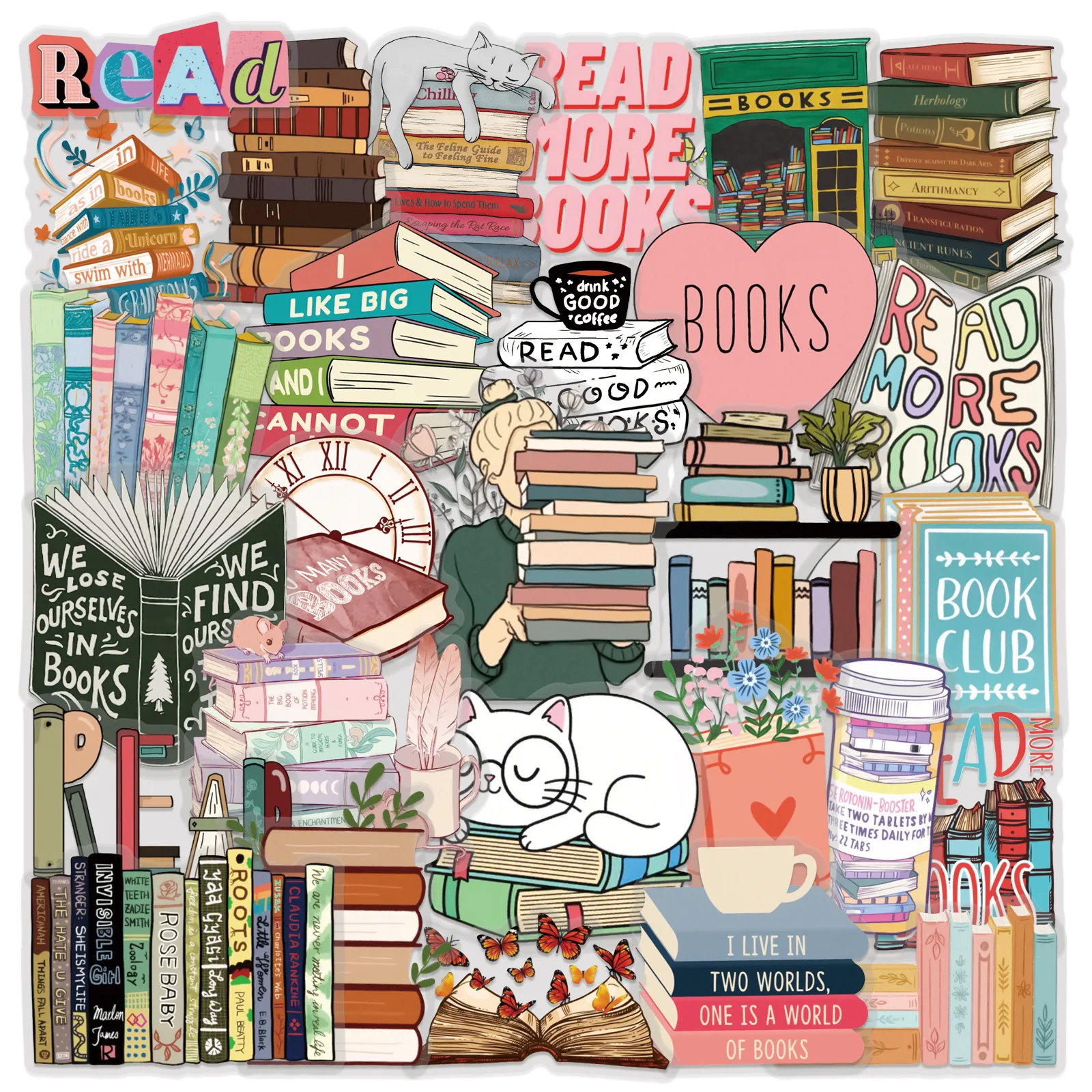 

50PCS Cartoon Reading Stickers Instagram Style Transparent Decorative Laptop Guitar iPad Water Cup Waterproof Stickers Kids Toy