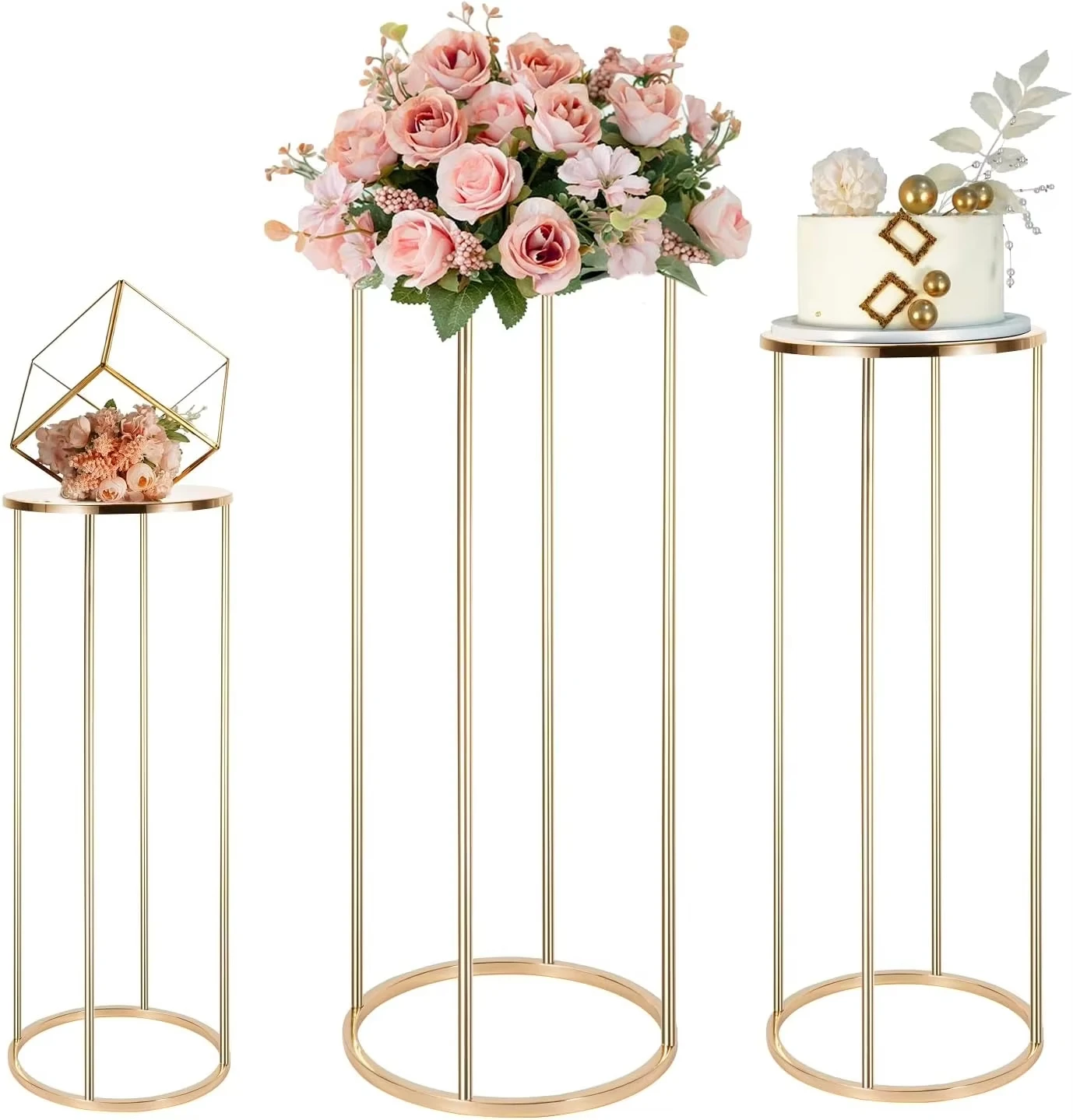 Gold Metal Flower Stand for Wedding Tables - Floor Standing Vase Stand for Leading High Column Tabletop Centerpiece Decoration