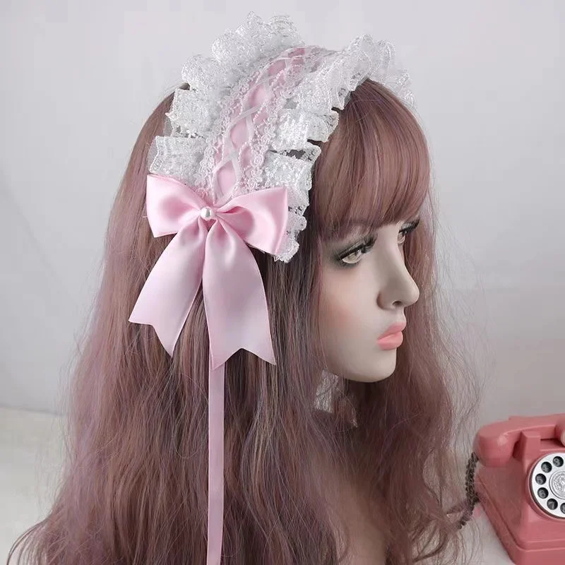 Soft Girl Lolita Hairband Sweet Daily Versatile Lace Maid Bow Headwear Embroidery Lace Ribbon Hairpins Anime Cosplay Headdress