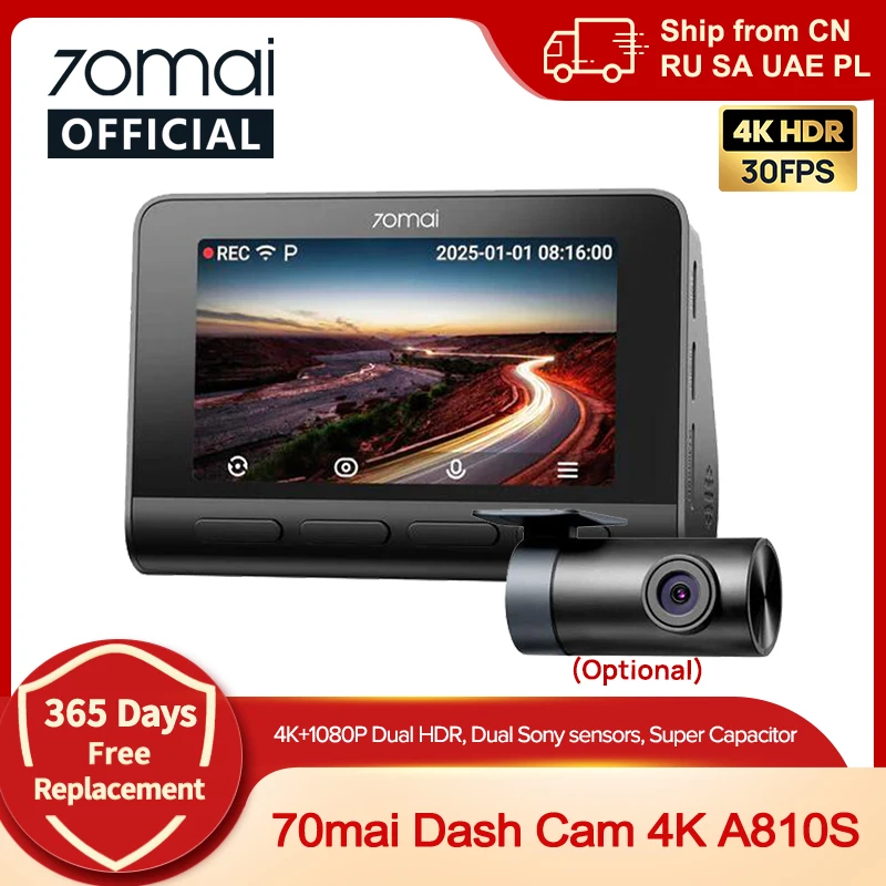 Image of 【SA Lager】70mai Dashcam 4K A810S Dual HDR IMX678 Sensor, Wi-Fi 6 Sprachsteuerung GPS ADAS Superkondensator 4G LTE, 70mai A810S