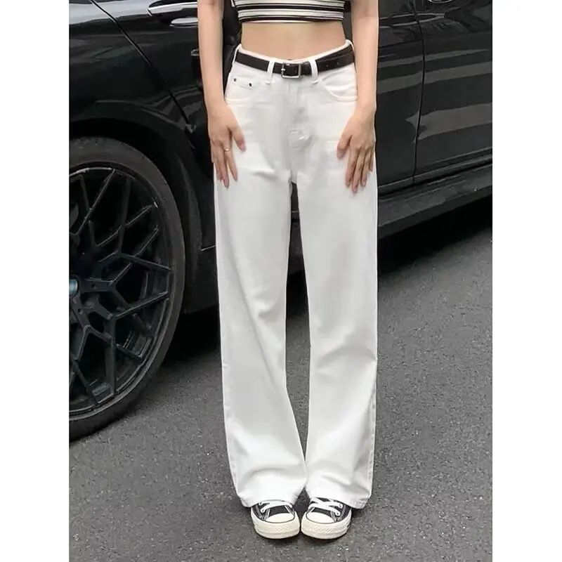 plus Size Women's White Straight Leg Jeans High Waist Loose Wide Leg Floor Length Trousers Autumn New Style Fresh Sweet Style