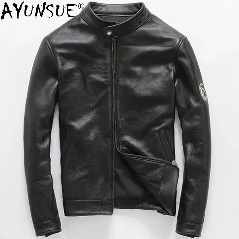 

Real AYUNSUE Cow Leather Spring Autumn Short Genuine Cowhide Motorcycle Bomber Jacket Men Slim Fit 2024 KJ6740