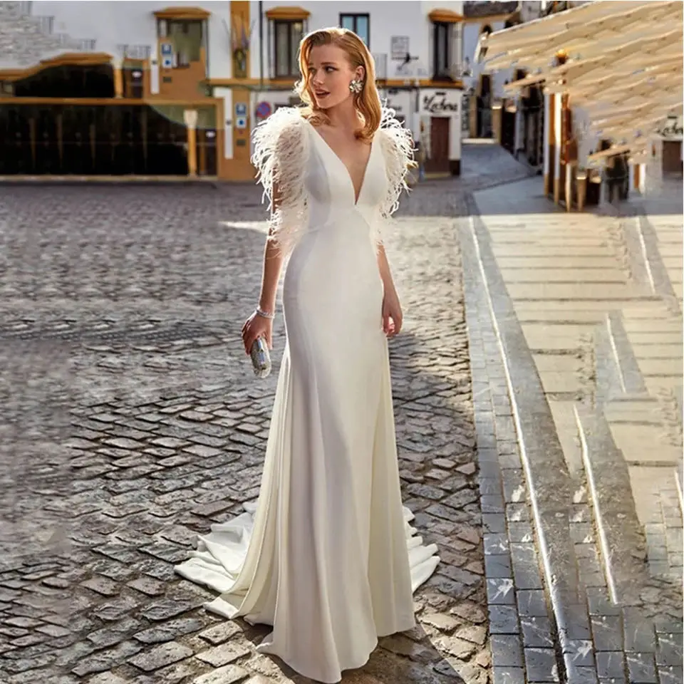 Customized Feather Mermaid Elegant V-neck Sleeveless Stain Wedding Dress 2026 Vestido De Novia Bridal Gown For Women