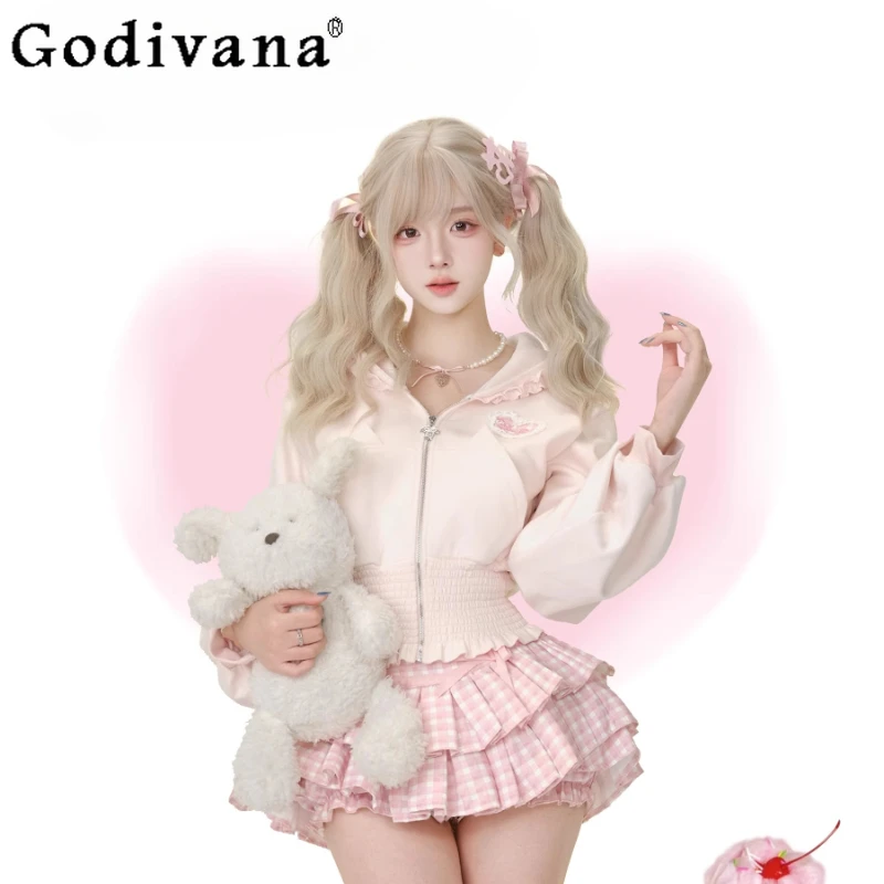 

Women's Japanese Style Sweet Outfits Pink Short Jacket and Pink Plaid Cake Skirt Suits Female Lolita Cute Two Pieces Set