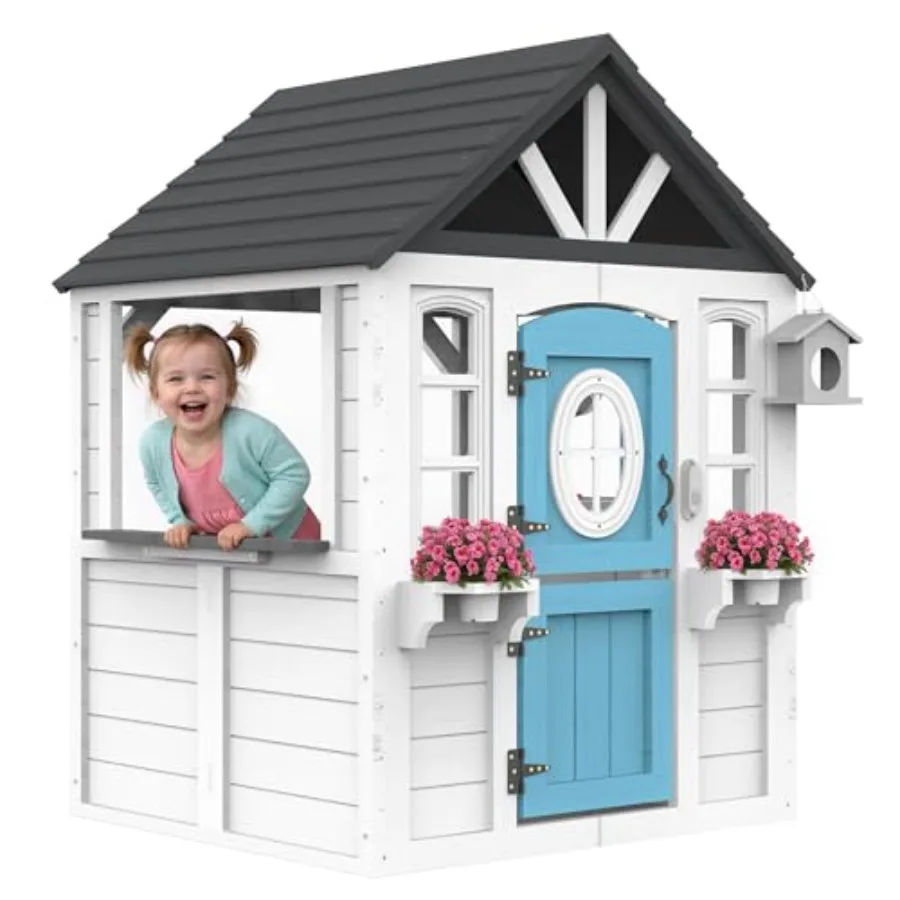 Outdoor toddler playhouse for backyard pretend market holiday fun: white wooden kids playhouse with kitchen sink, mailbox, work