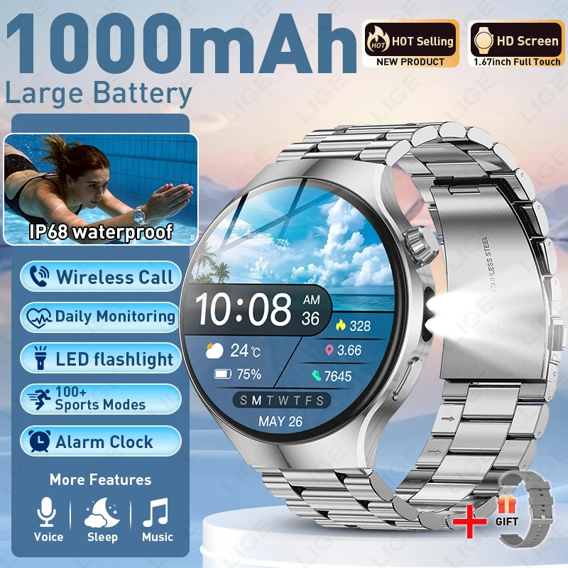 

1000mAh Battery Smart Watch 2026 New LED Flashlight Heart Rate Monitor 1.67" HD Screen Bluetooth Call Sport Smartwatch Men Women