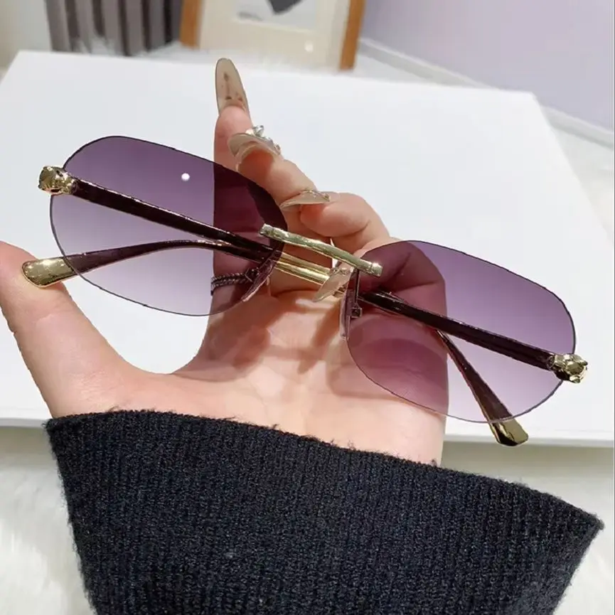 

Stylish Metal Cut Edge Frameless Sunglasses Women Vintage Polygonal Cheetah Decorative Sun Glasses Men Clear Lens Shades HD90327