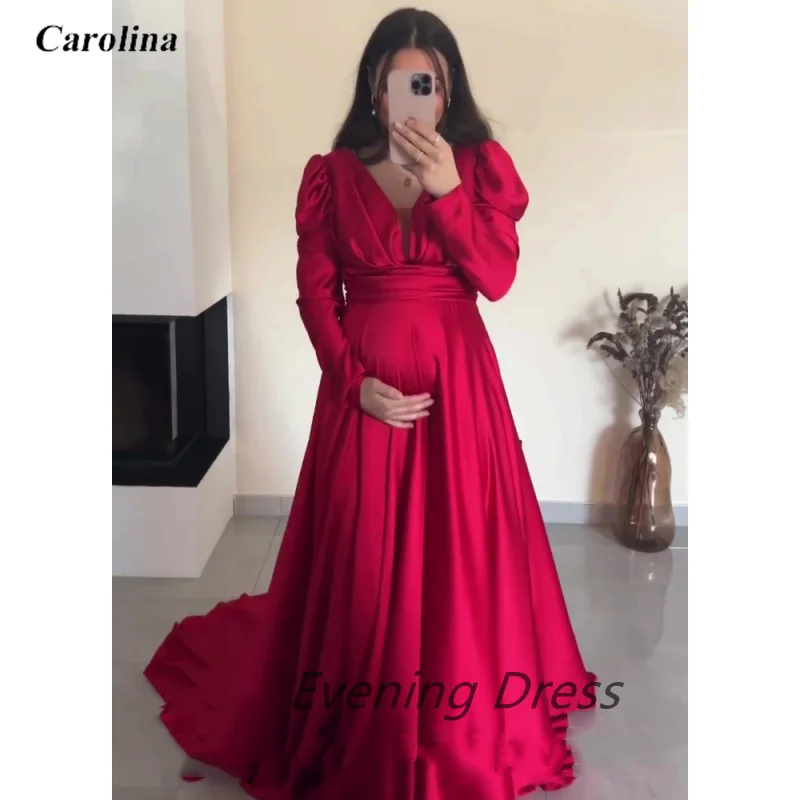 

A-Line Sexy V-Neck Prom Gowns Satin Occasion Dress Long Sleeves Robe De Soirée Women Elegant Pregnant Evening Party Dress