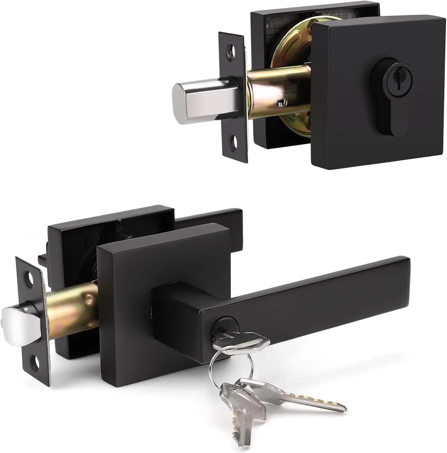 6 Pack Heavy Duty Front Door Entry Lever Lockset and Single Keyed Square Deadbolt Combination Set, Matte Black(Keyed Alike)