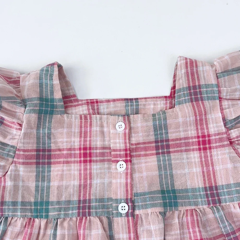 Summer Sweet and Casual 3-10-year-old Girls and Teenagers Pink Suit Square Collar Checkered Top+Wide Leg Pants Two Piece Set image 5