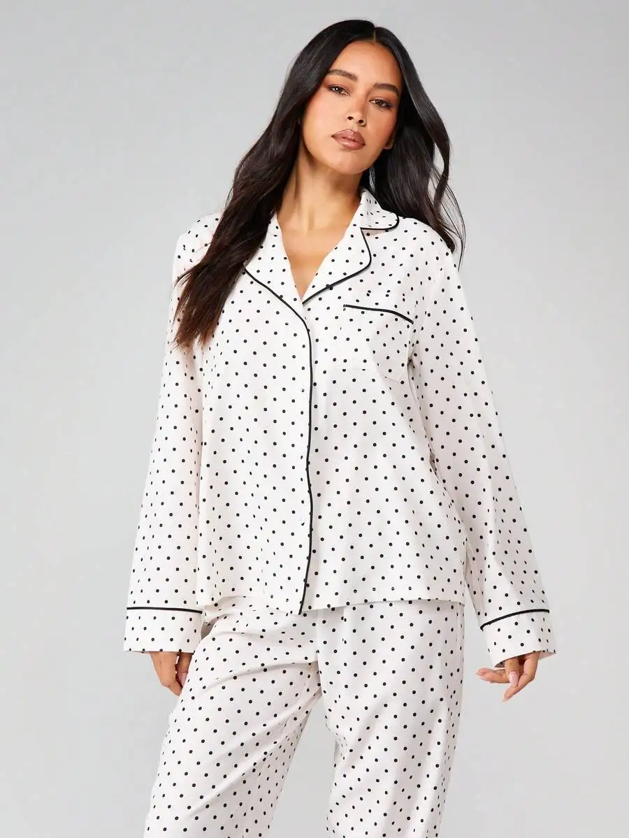 

Women Polka Dot Long Sleeve Button Up Pajama Set Sleepwear Lounge Wear