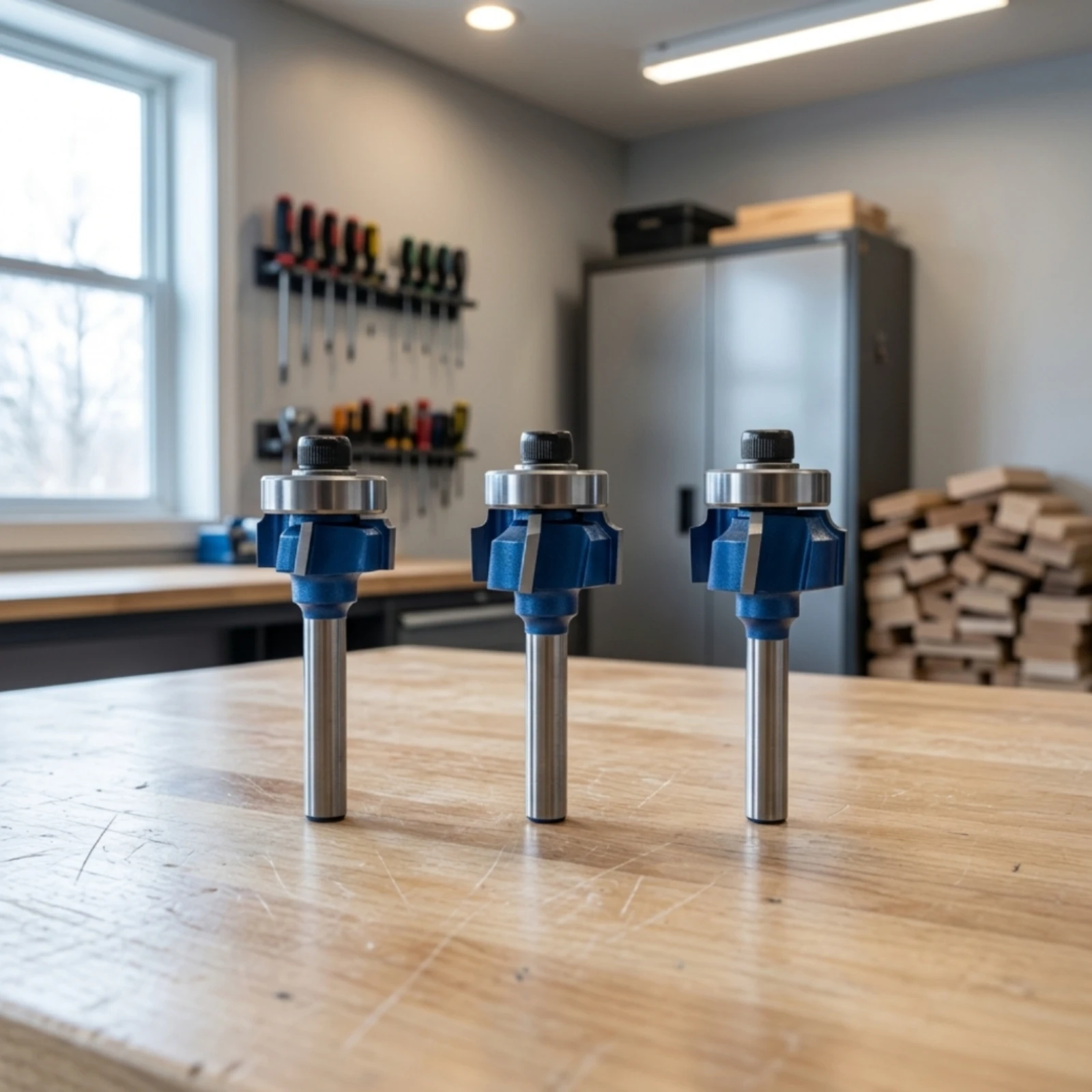 3 Pieces Edge Trimming Router Bit Blue Coated Router Bit with Bearing Tool Carbide Tipped Long-Lasting for Woodworkers